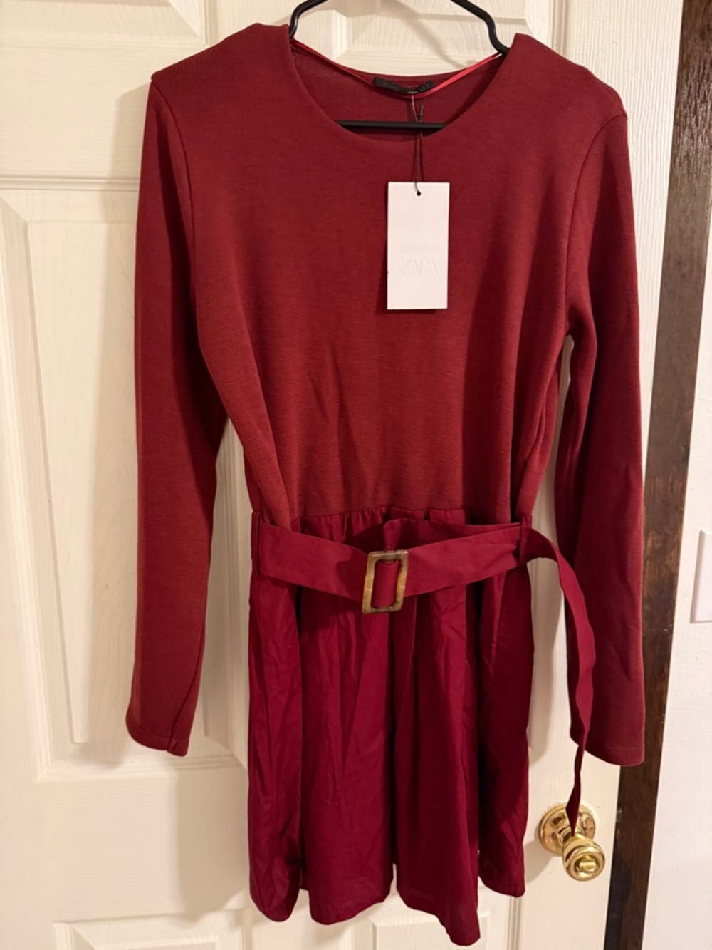 Zara Burgundy Long-Sleeve Belted Dress - Picture 4 of 7